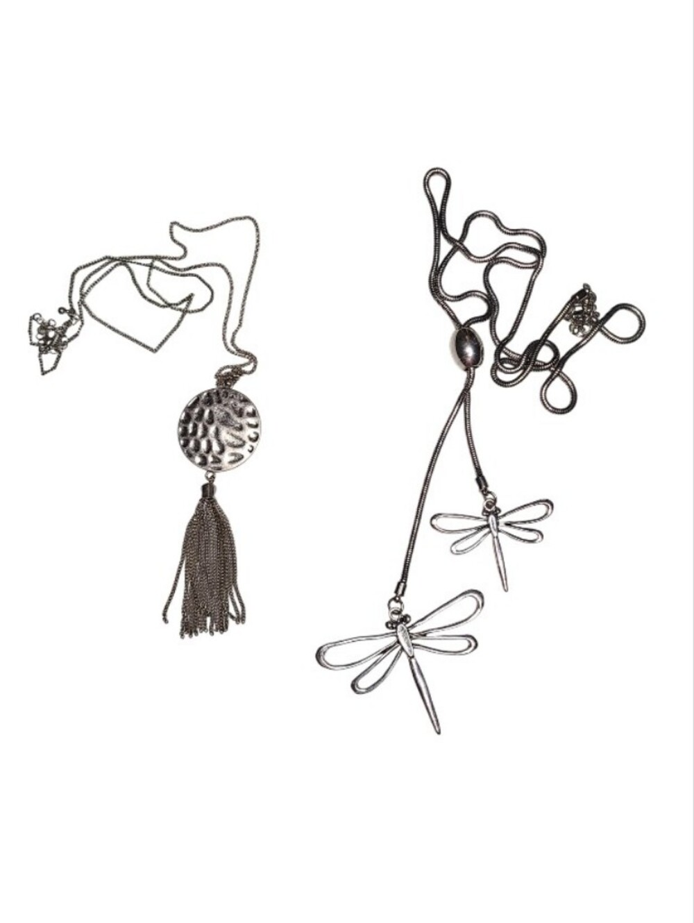 Set of 2 Silver Boho Necklaces | Tiered Dragonfly & Hammered Tassel